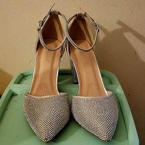 Silver rhinestone Pointy toe ankle strap block heel dress pumps size 7.5